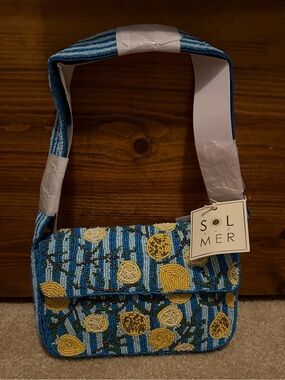 Blue Striped Lemon Beaded Shoulder Bag RARE